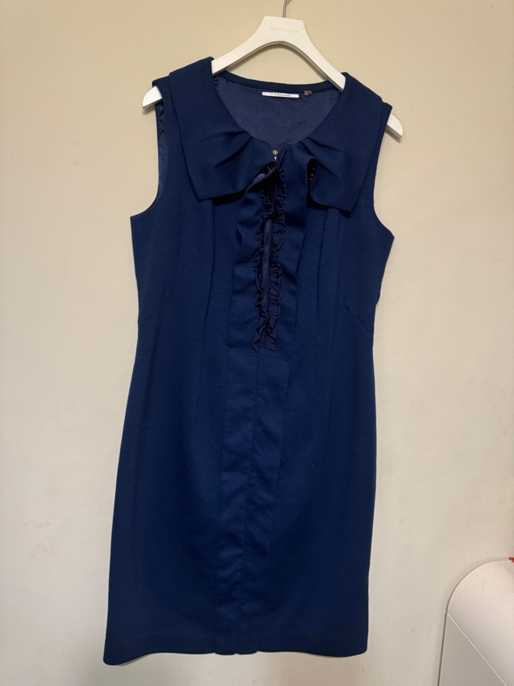 T Tahari Navy Sleeveless Ruffle-Front Midi Sheath Dress